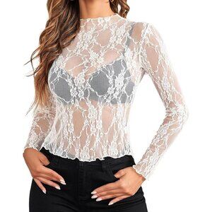 🆕Women White Lace Sheer Long Sleeve Top Sexy See Through Y2K Blouse Polyester